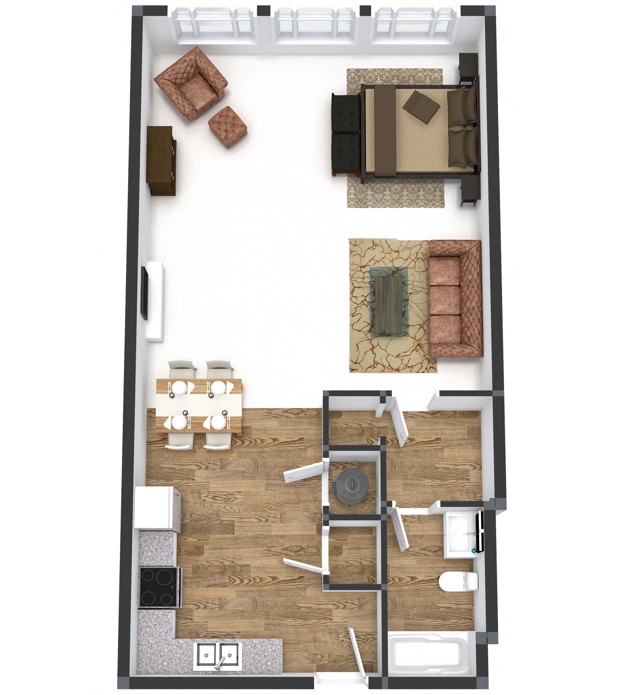 Floor plan for studio, 1 bath, 722 sqft
